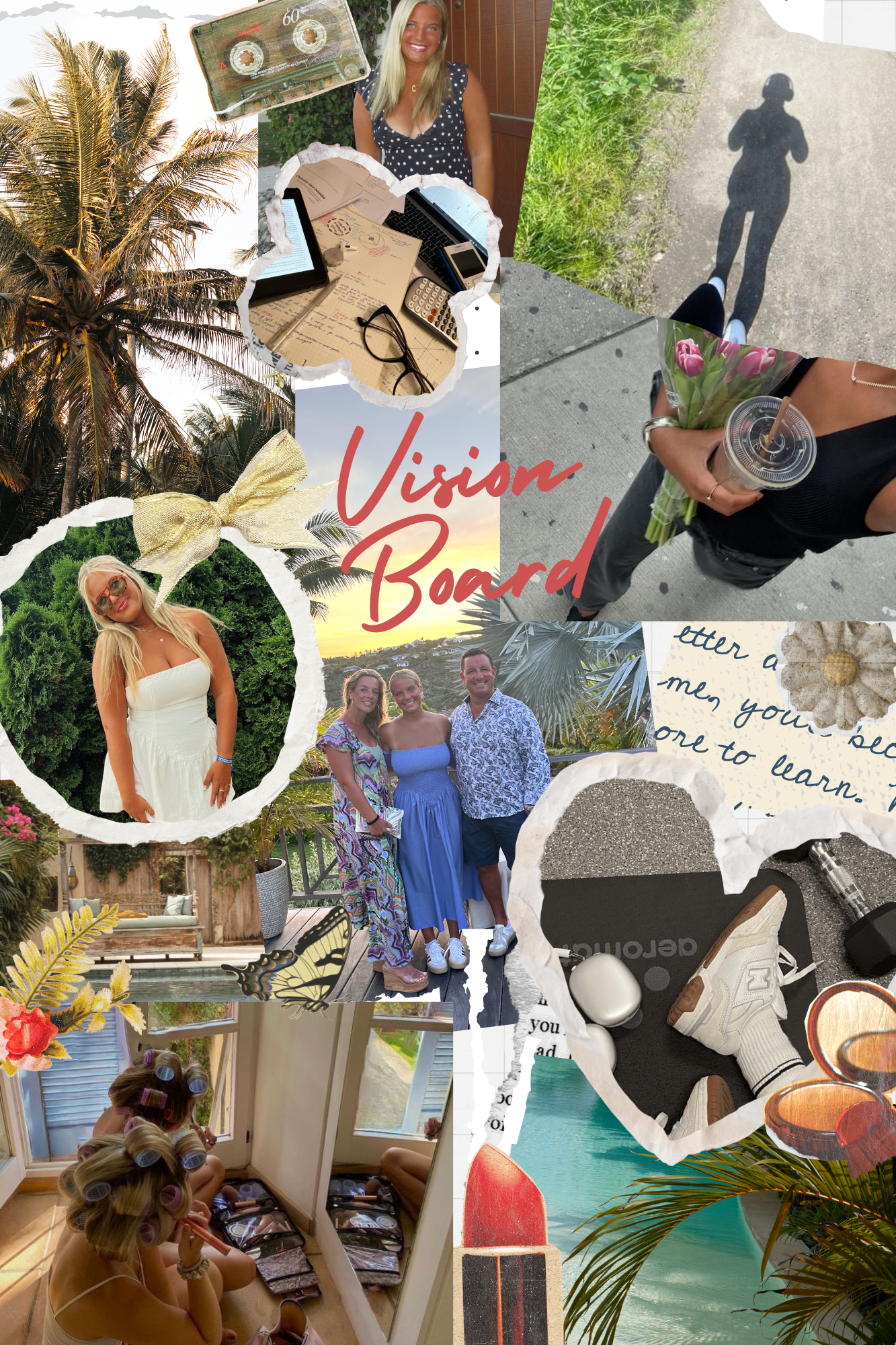 A personal wellness vision board featuring family, fitness, travel dreams, and self-care inspirations.